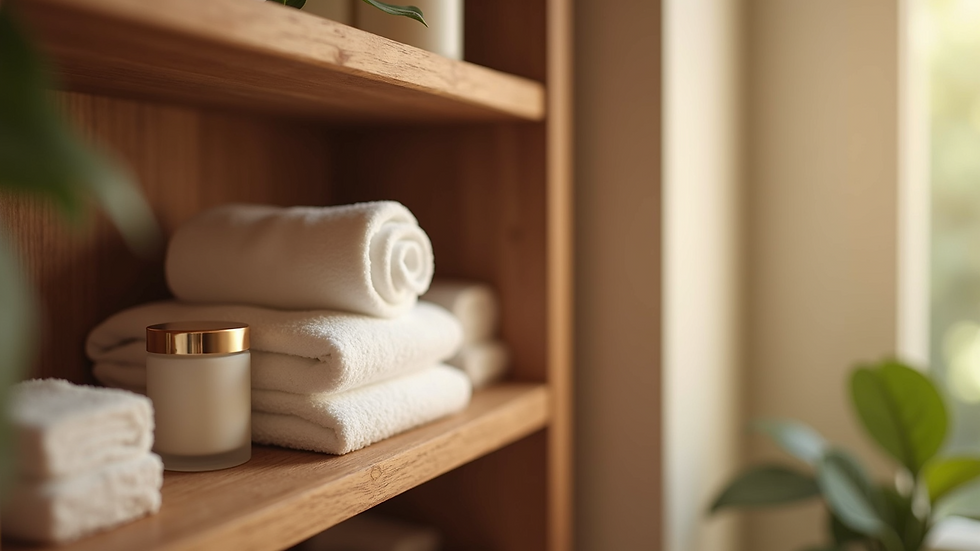 Close-up view of luxury spa products arranged neatly on a wooden shelf