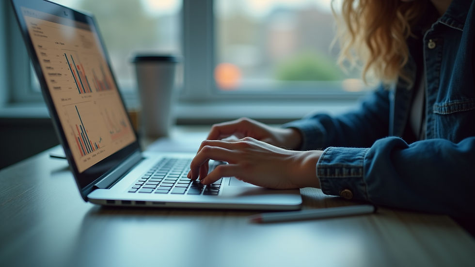 Eye-level view of a student analyzing data on a laptop in a study room