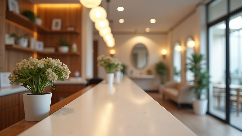 Eye-level view of a reception desk at a beauty salon
