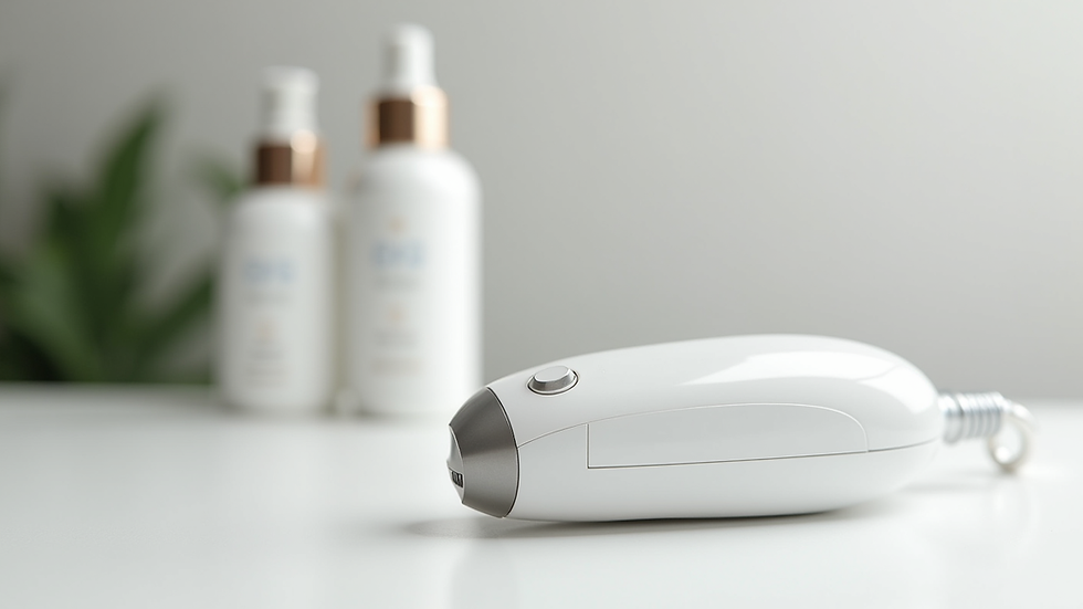 Close-up view of a skincare product and a laser hair removal device on a white table