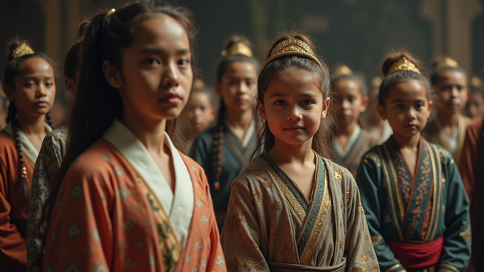 Eye-level view of a film set featuring a diverse group of actors in traditional costumes