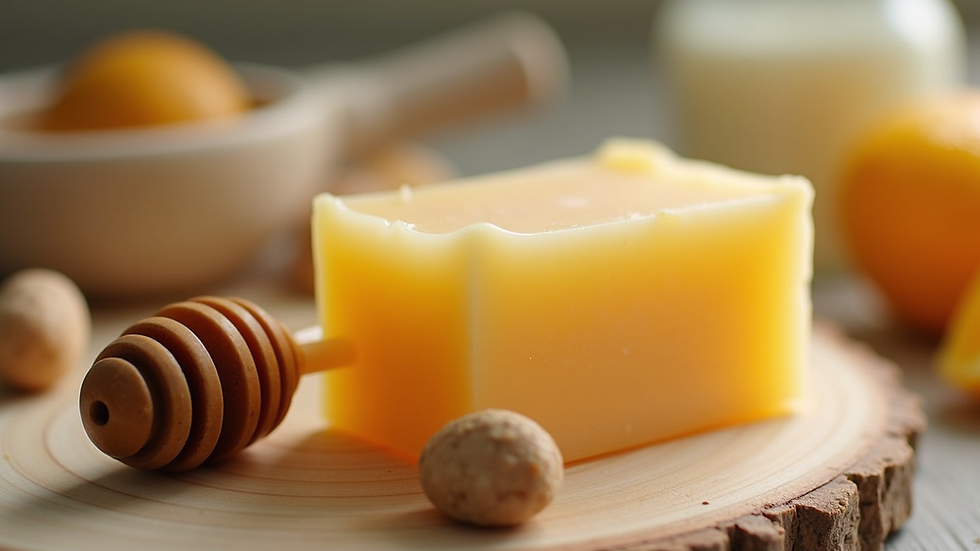 Close-up view of a natural soap bar with honey and goat's milk ingredients