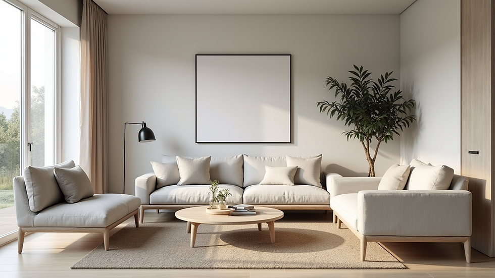 Eye-level view of a digitally staged modern living room with minimalist furniture