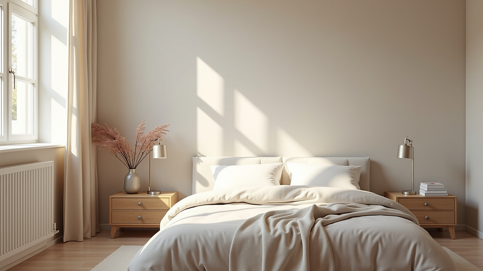 Eye-level view of a digitally staged bedroom with neutral tones and natural light