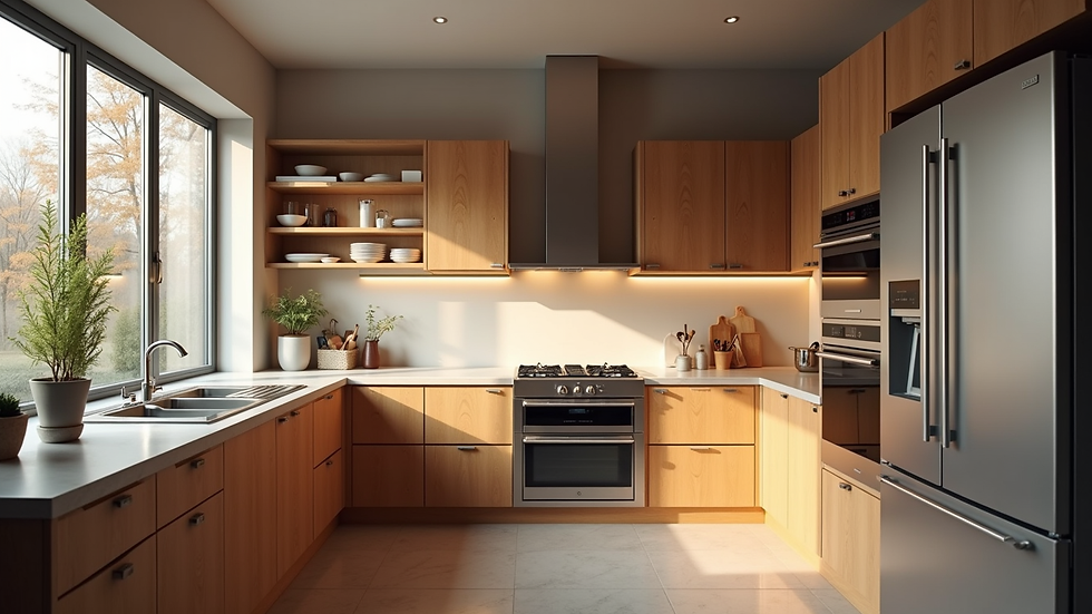 Wide angle view of a digitally staged kitchen with modern appliances and warm lighting