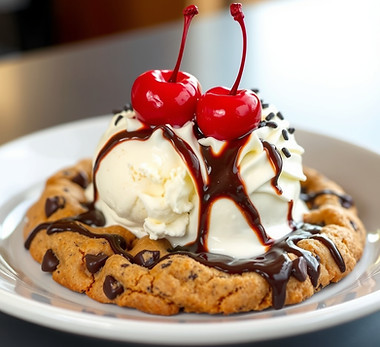 chocolate chip cookie with 2 scoops of vanilla ice cream, chocolate sauce, whipped cream j