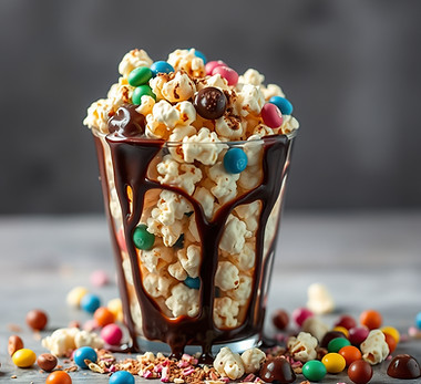 _dirty popcorn_ it pop corn in a clear cup with chocolate sauce and candy toppings.jpg