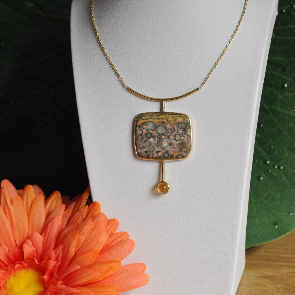 Collier or jaune, jaspe léopard & citrine