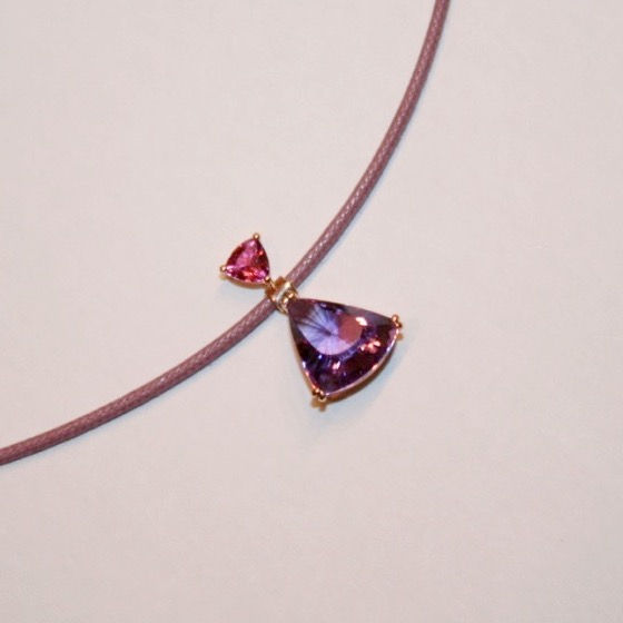Pendentif or rose, améthyste & tourmaline rose