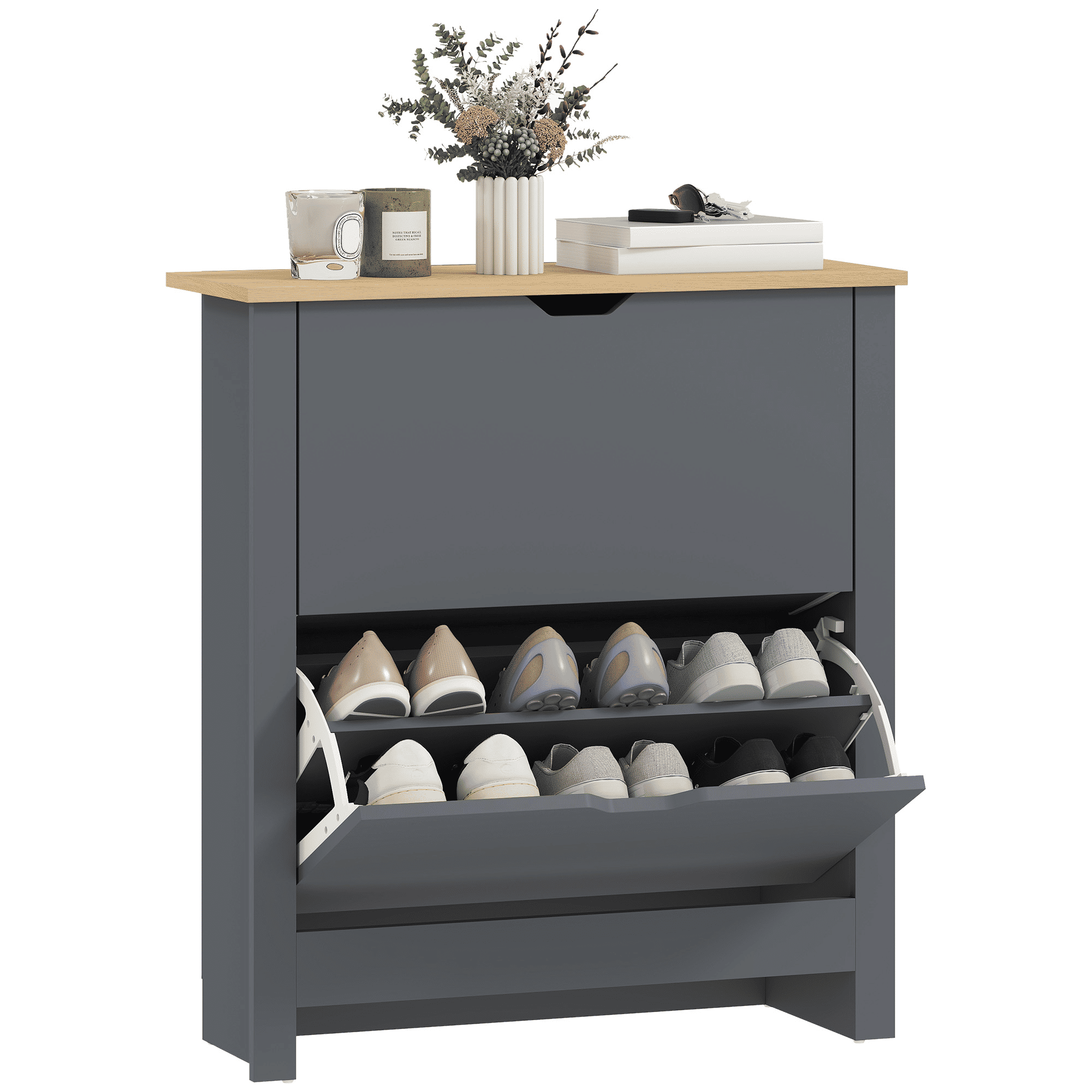 Slim Shoe Cabinet with 2 Flip Drawers, Charcoal Grey