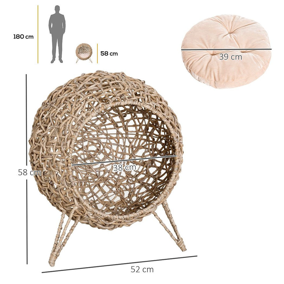 Thumbnail: Wicker Cat House, Ball-Shaped Rattan Raised Cat Bed - Natural Wood Finish