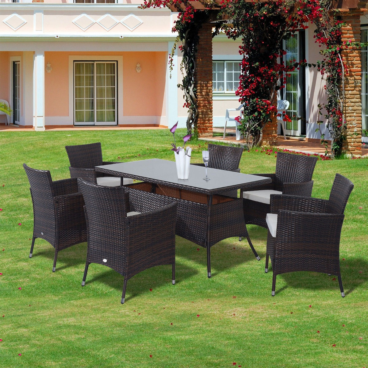  7Pc Rattan Garden Furniture Dining Set: 1 x Rectangular