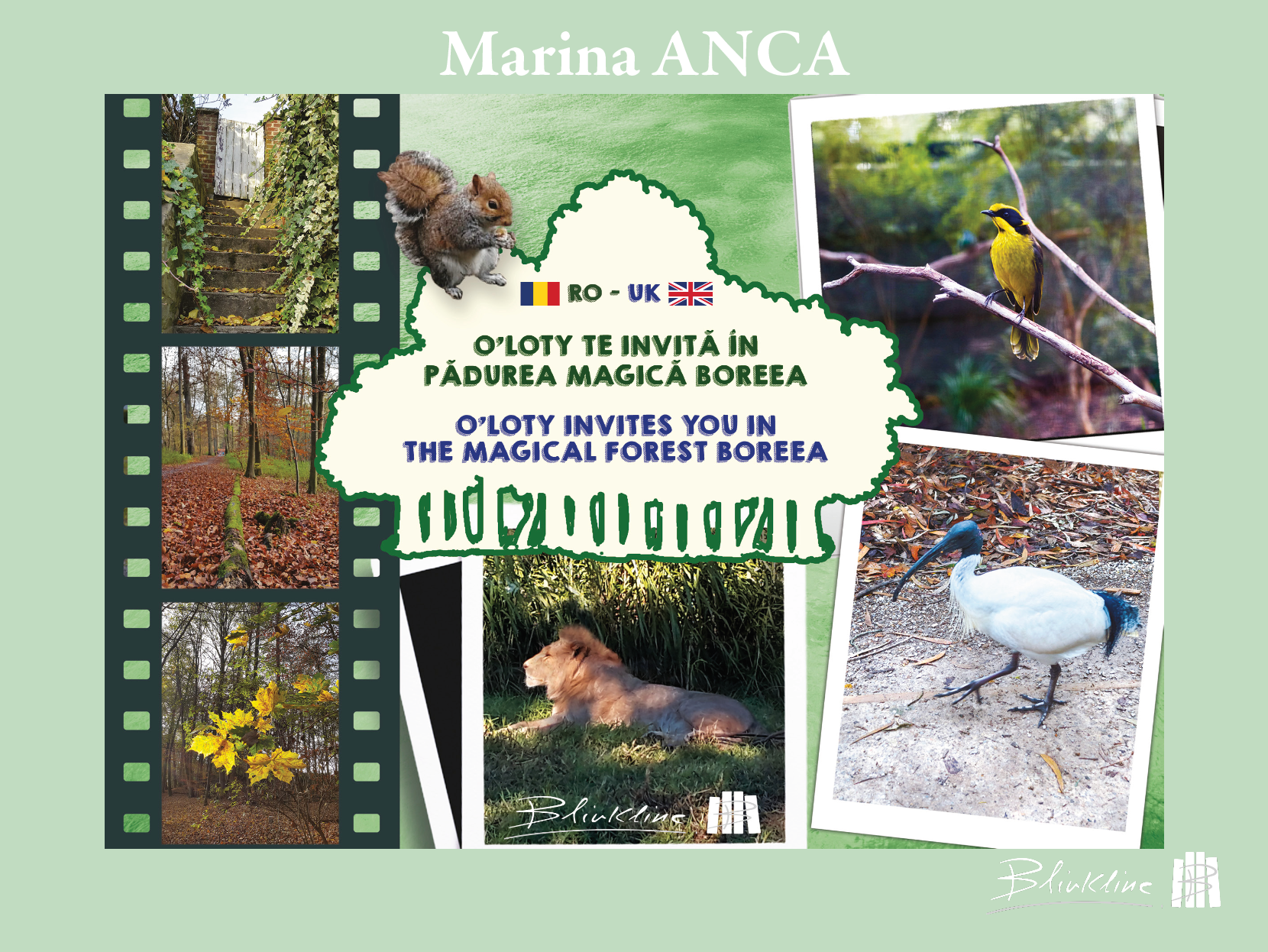 Coperta volumului O'Loty te invită în pădurea magică Boreea cu fotografii de animale și păsări. Versiunea română și engleză.