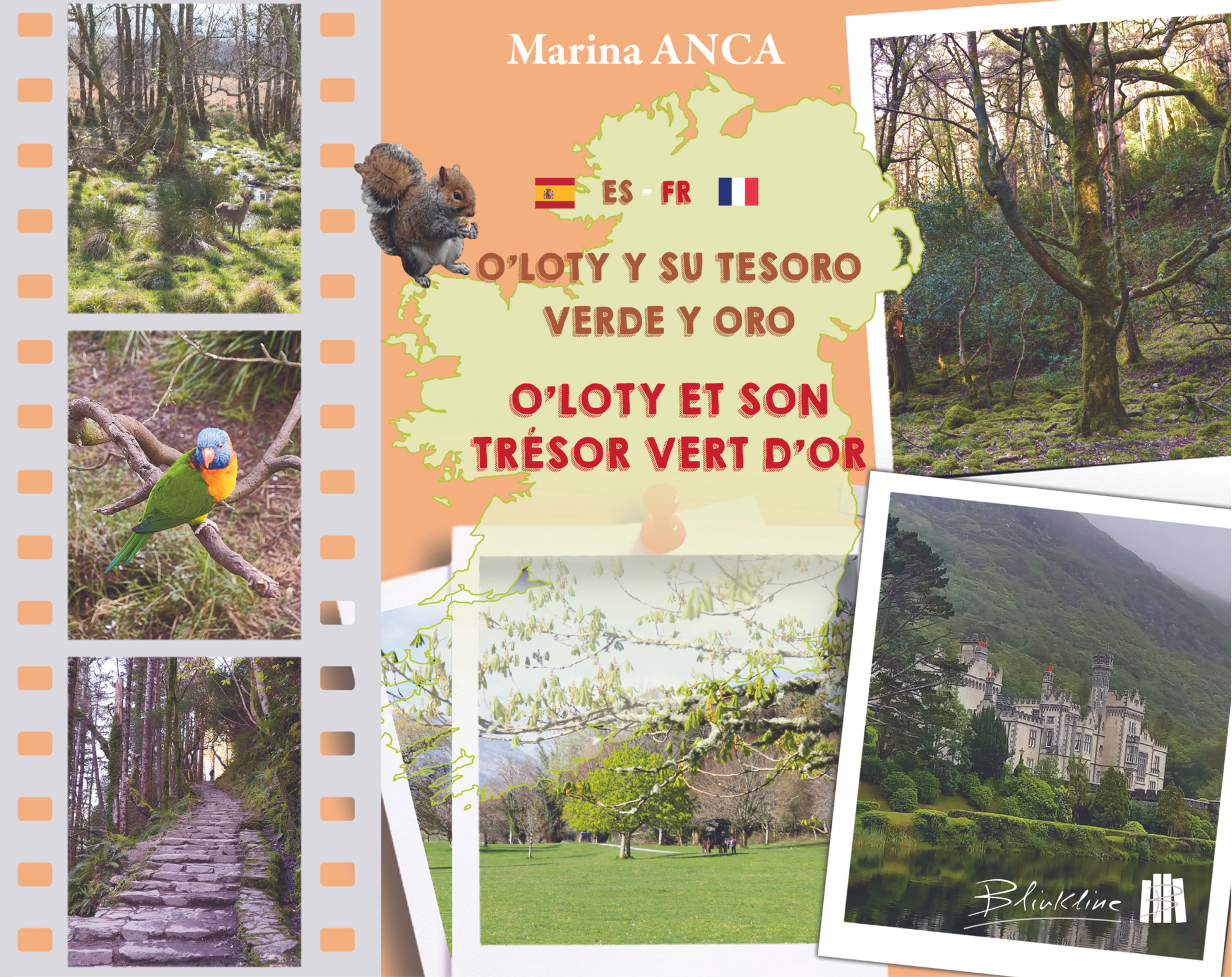 Couverture : cadres photo de paysages verdoyants et l’écureuil O’Loty assis sur la carte de l’Irlande | Blinkline Books