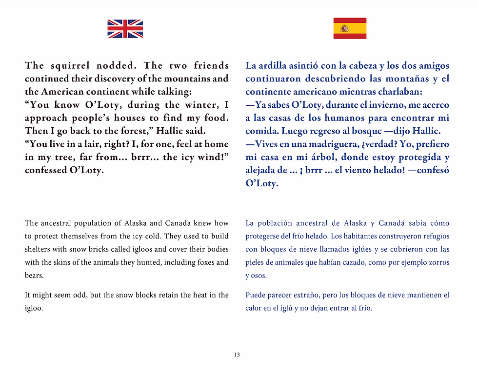 Thumbnail: Exemple de page du tome O'Loty découvre l’Amérique texte en version anglais espagnol