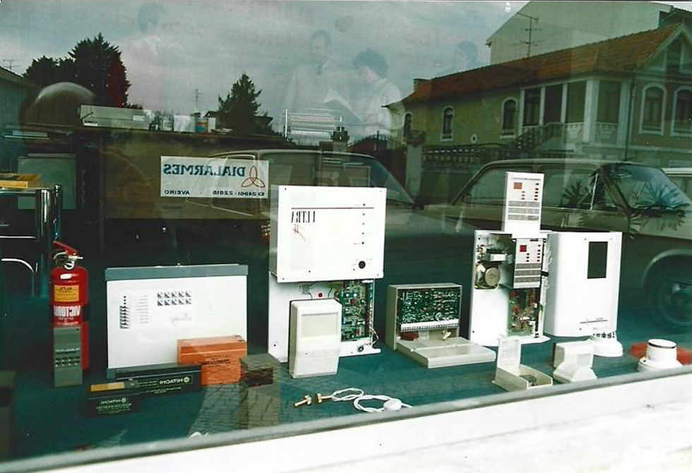 Imagem representando os 44 anos de história da Área Aprovada, desde os primeiros alarmes artesanais até à inovação atual em s