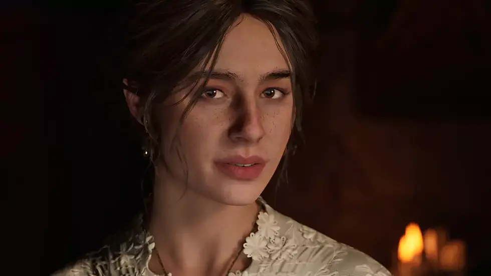 Woman from Mafia: The Old Country with a gentle expression, wearing a floral lace blouse. Dimly lit background with warm candlelight creating a cozy atmosphere.