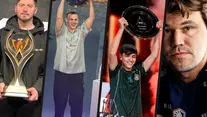 Collage of esports players celebrating with raised trophies; close-up serious face at right, bright stage lights and team jerseys at esports world cup 2026.