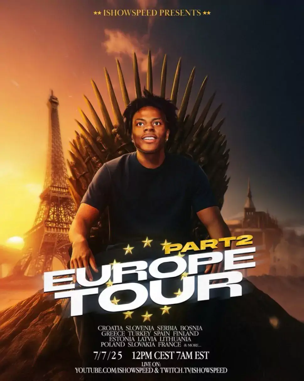 ishowspeed sits on a throne with Eiffel Tower in the background. Text reads "IShowSpeed Presents: Europe Tour Part 2." Warm sunset tones.