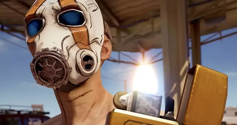 Masked character with blue eyes, holding a lit lighter, stands in a sunlit industrial setting. Bold mask design, intense mood. its Borderlands-themed skin featuring the iconic Male Psycho Bandit coming in r6 siege.