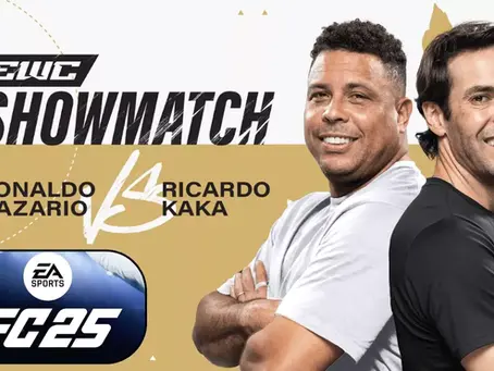 Smiling men stand back-to-back under "Showmatch" text. Names Ronaldo Nazario, Ricardo Kaka. EA Sports FC25 logo present. Neutral tones.