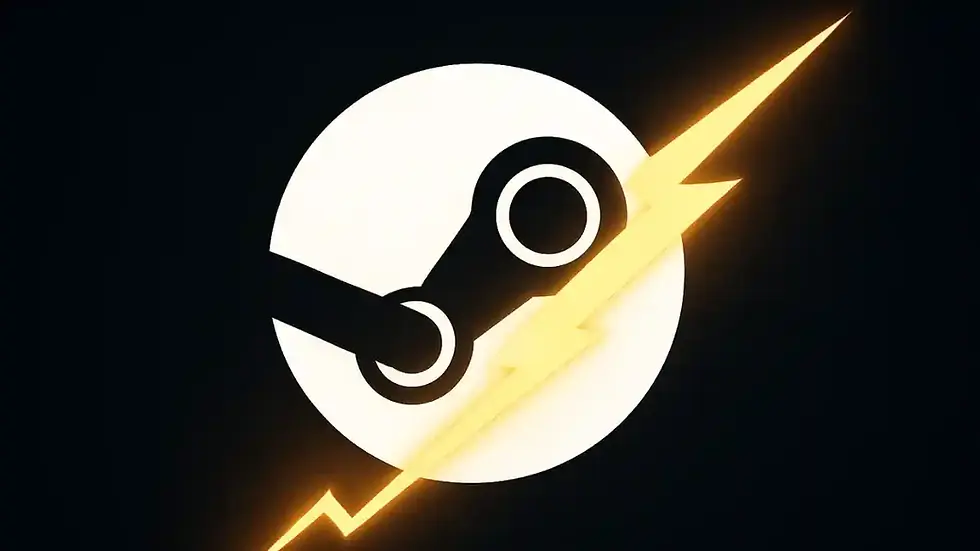 Steam logo with a yellow lightning bolt overlays it. The background is dark, creating a dynamic and energetic feel.