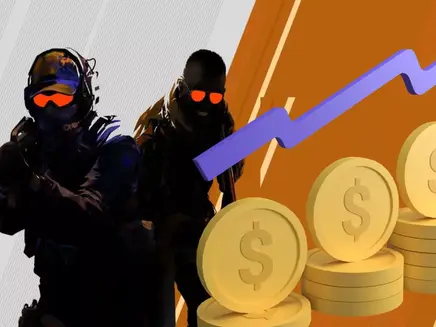 Two figures in dark gear with orange glasses stand beside stacks of coins and an upward blue graph on an orange background.