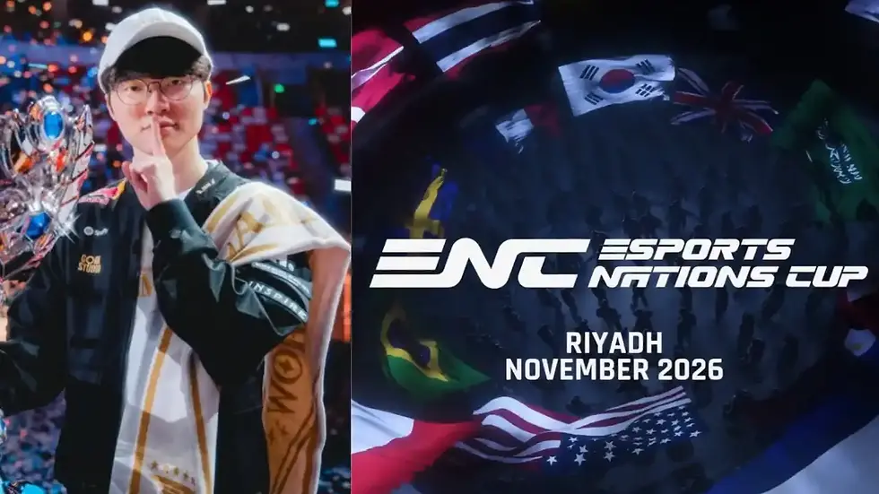 Faker with a trophy signals silence, wearing a white cap and black jacket. Text reads ENC Esports Nations Cup, Riyadh November 2026. Flags visible.