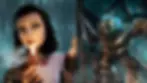 A woman in a white shirt lights a cigarette beside a giant armored figure with a drill, in a dark, underwater cityscape. its from BioShock 3.