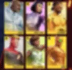 Six Invincible VS characters in colorful costumes, each with a unique design, set against bold colored backgrounds. Names and numbers are visible.