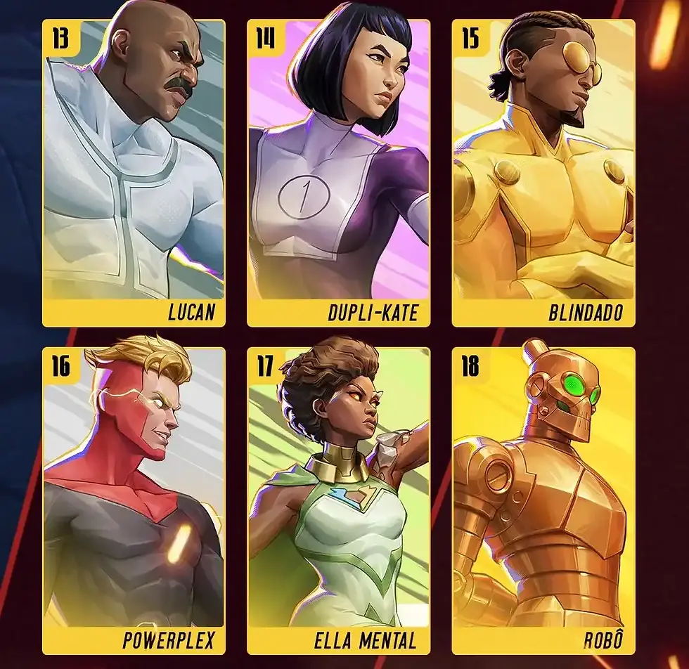 Six Invincible VS characters in colorful costumes, each with a unique design, set against bold colored backgrounds. Names and numbers are visible.