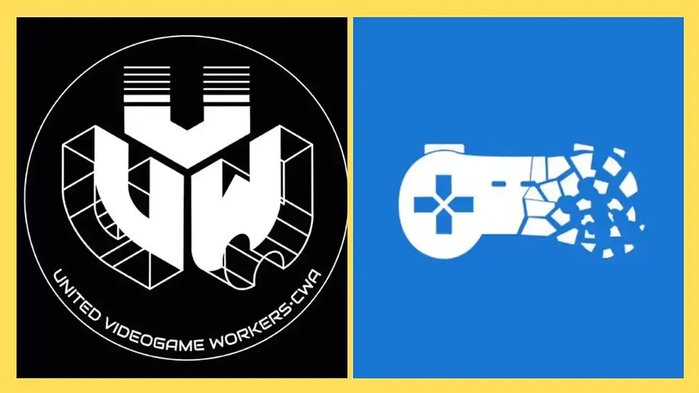 Split image: left shows "United Videogame Workers CWA" logo on black; right features a stop killing games logo on blue. Yellow border.