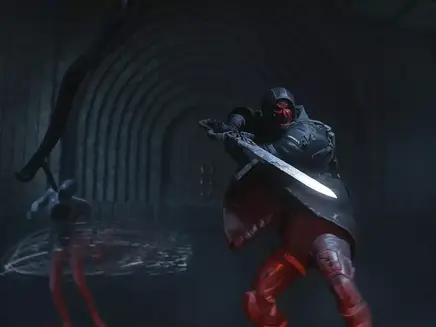 Armored figure with a glowing sword in a dark, arched tunnel, faced by a shadowy opponent. Red light highlights the scene, creating tension. its from Hell is Us.