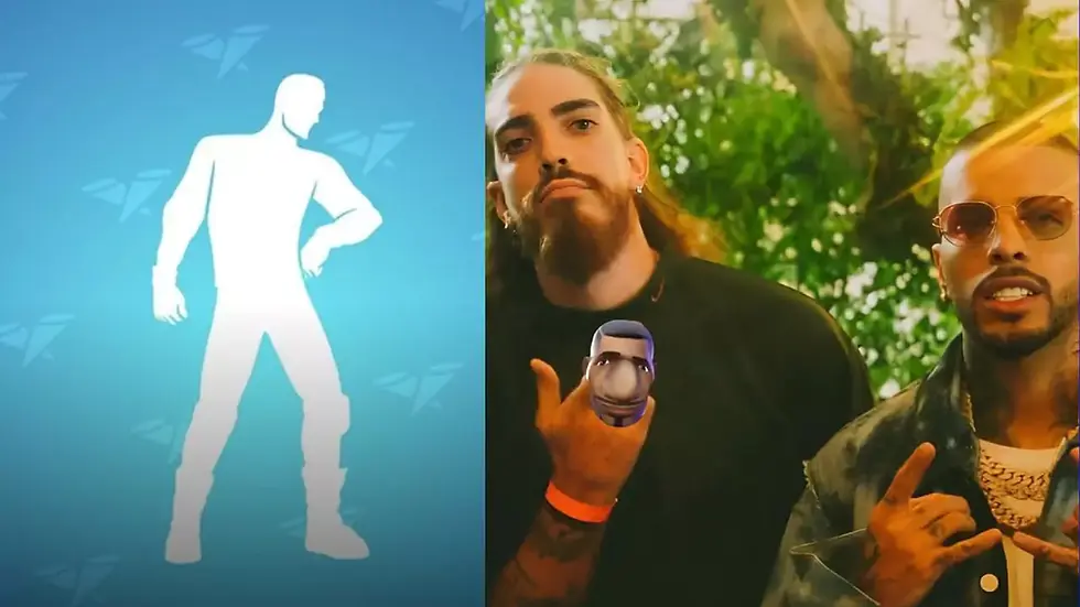 Split image with a white silhouette on a blue background left, Fefe Burgos with serious expressions in a lush outdoor setting right.