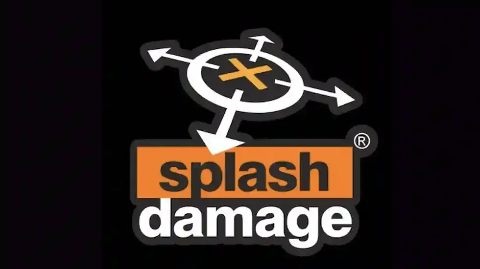 Black background with the "Splash Damage" logo. Text is orange and white, with arrows pointing outwards from a central circle and 'X'.