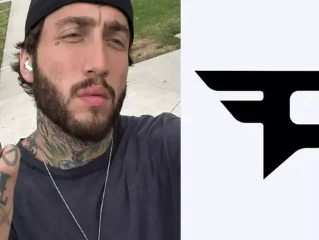 Faze Banks with tattoos and a cap holds up a middle finger, looking serious. He's outdoors with grass and pavement. FaZe Clan logo on the right.