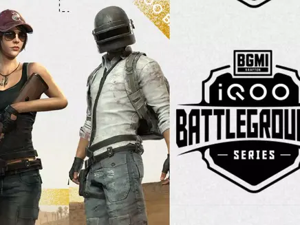 Two characters from BGMI in tactical gear, holding guns, stand confidently. A logo reads "BGMI iQOO Battlegrounds Series" on a white background.