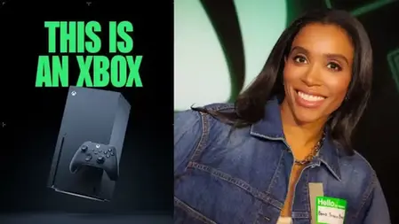 Xbox console with "THIS IS AN XBOX" text in green on left; smiling Sarah Bond in denim jacket with name tag on right. Mood is cheerful.