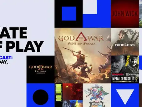 State of Play announcement for February 12. Collage of game titles including God of War, Metal Gear Solid 2, and others. Blue and black design.