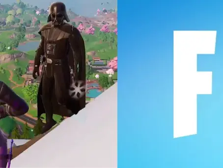 A character Darth Vader in fortnite in black armor stands next to a purple-clad figure on a colorful landscape. Bright blue background with a large white "Fortnite".