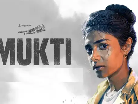 Close-up illustration of a serious woman with a bun, wearing a yellow jacket. "MUKTI" and "India Hero Project" are visible on a cloudy backdrop.