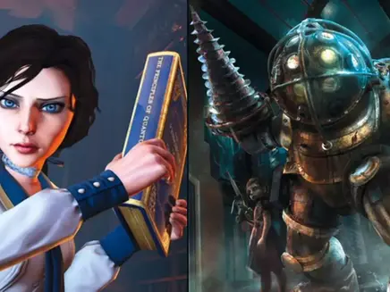 Woman in white holds "The Principles of Quantum" book. Next to her, a large armored figure with a drill arm, with a girl nearby, in a dark setting. its from game BioShock 3.