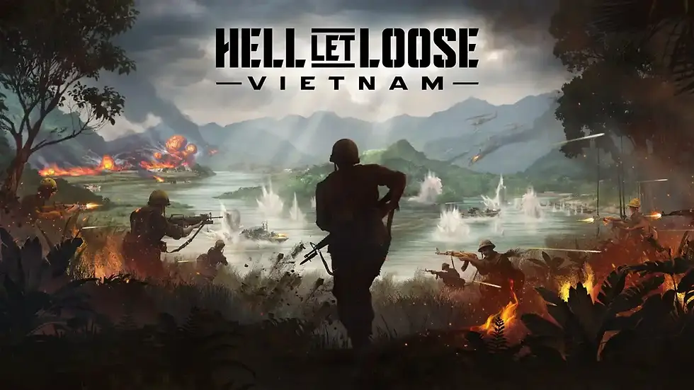 Hell Let Loose Vietnam poster of soldiers battling in a jungle river valley, with explosions, gunfire, and helicopters.