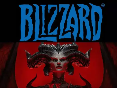 A demonic figure with intricate horns on a red background below bold blue "BLIZZARD" text, evoking a dark, intense mood.