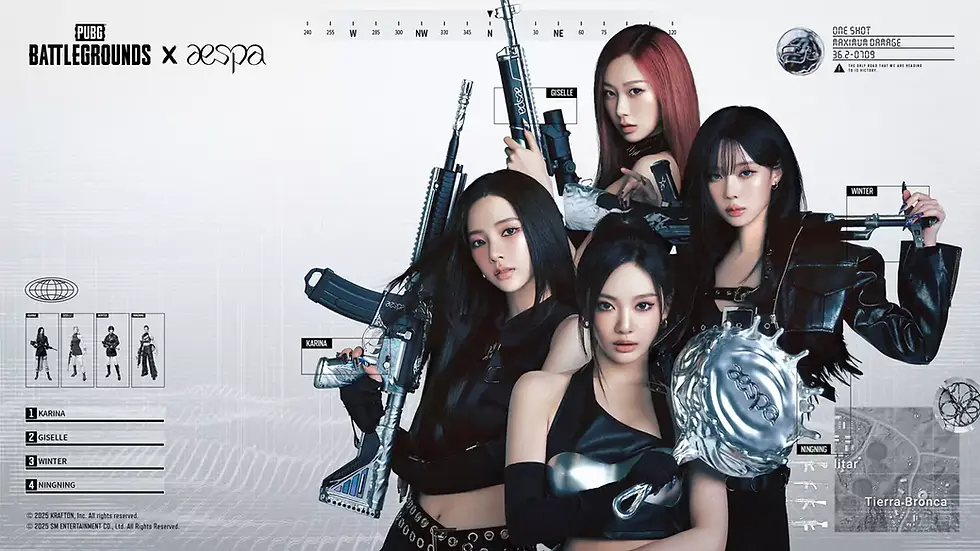 Four women from kpop group aespa in black outfits pose with futuristic weapons against a white background. Text reads "PUBG Battlegrounds x aespa" above. This is collab poster for game.