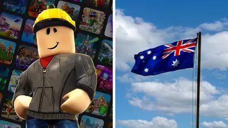 Roblox-style builder in a yellow hard hat stands before game thumbnails beside an Australian flag waving in a blue sky.