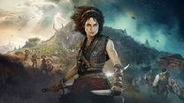 Fierce female warrior Sofia with twin swords stands before ancient ruins and soldiers under a dramatic teal-and-gold sky. its screenshot from Resonance: A Plague Tale Legacy.