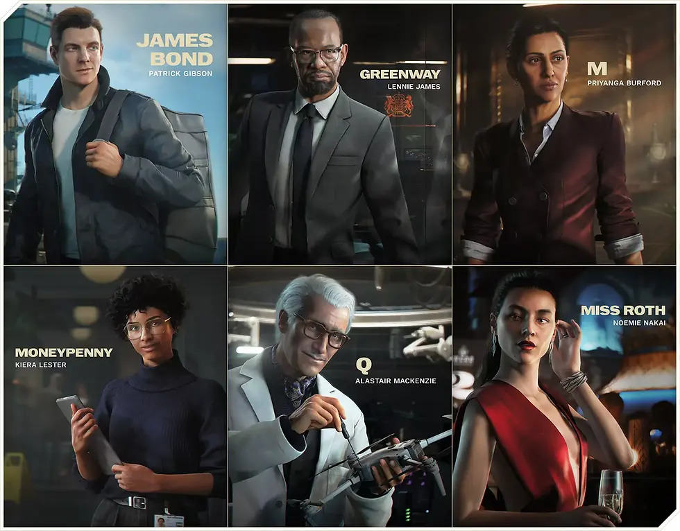 Six portraits of characters of 007 first light with names and roles: James Bond, Greenway, M, Moneypenny, Q, and Miss Roth, set against varied backdrops.