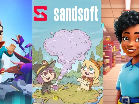 Animated characters in vibrant settings: A martial artist in blue, kids with pink smoke, and a smiling woman in a store. Text: sandsoft. its Kolka Games’ Wizario, Rogue Harbour Game Studio’s Potions & Spells, and Izyplay Game Studio’s Iza’s Supermarket games supported by sandsoft.