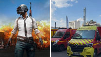 Split image: PUBG-style helmeted gunman before explosion, and two red-yellow emergency vans parked under a blue sky.